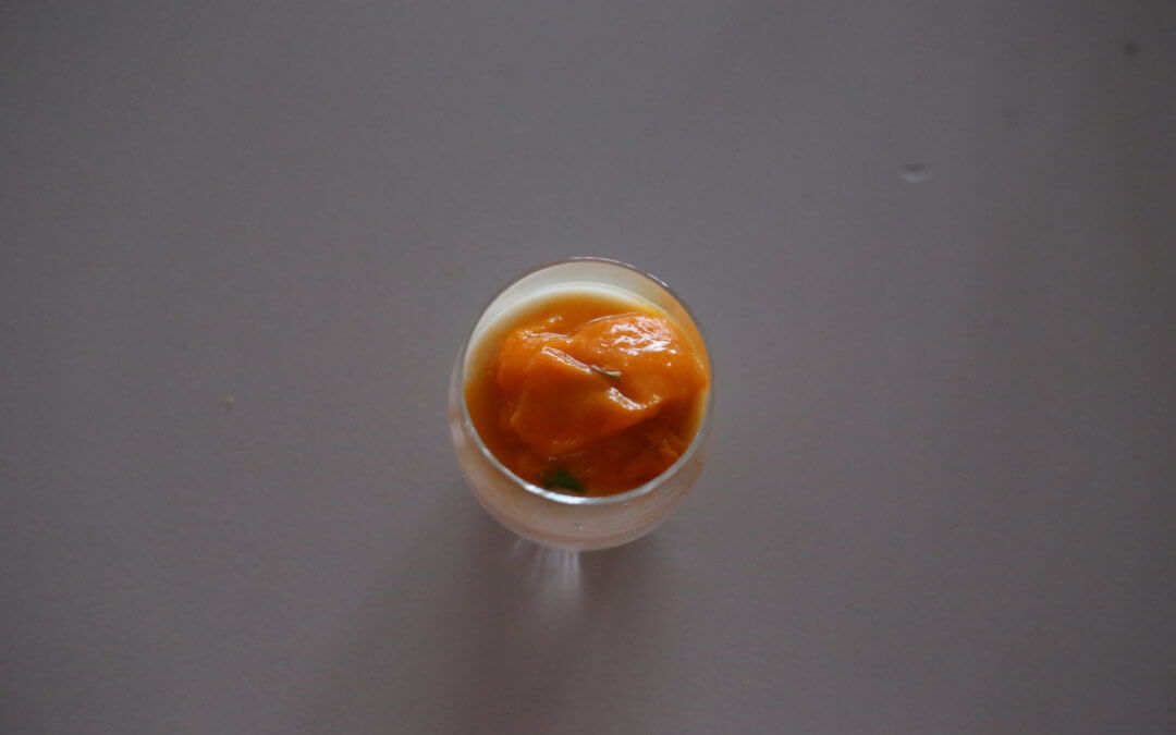 Roasted apricots with thai basil, rice semolina with almond flavor